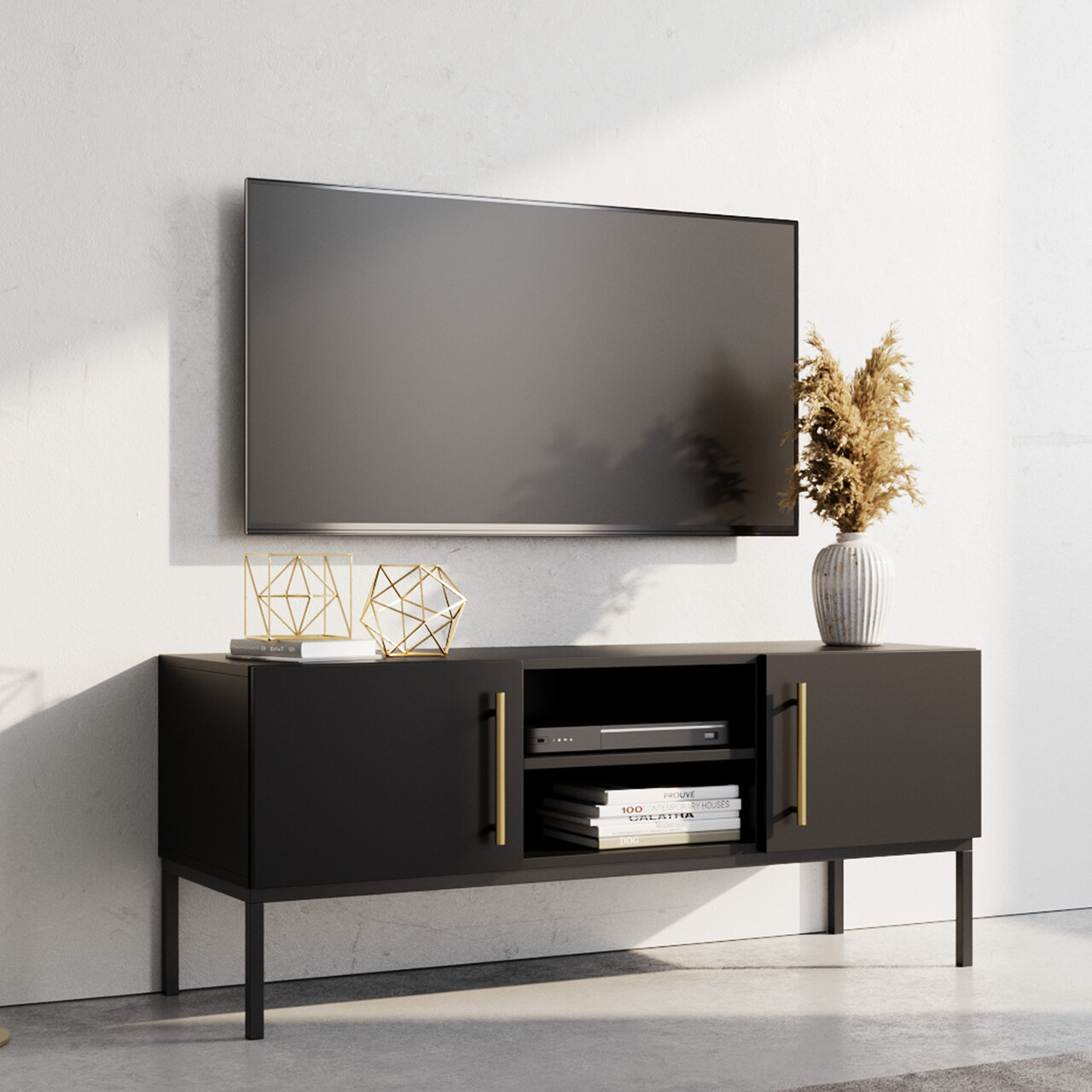 Comoda TV ELTAP, Lanzzi, 120x40x50 cm, MDF laminat, negru/auriu - imagine 7